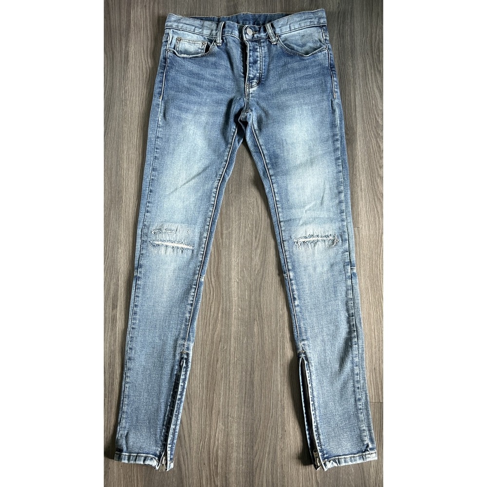 MNML Jeans Mens 30x32 Blue Skinny Fit SLIM Ankle Zip Distressed Mid Rise Cotton